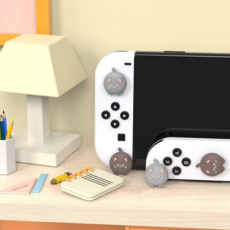 playvital Joystick Caps for Nintendo Switch, Thumbstick Grips for Switch Lite, Analog Cover for OLED Joycon Thumb Grip Caps - Cutie Kitty Fleeting Gray & Dark Brown - Image 4